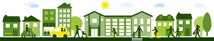 Green and Yellow drawing of people walking to the library past houses and trees